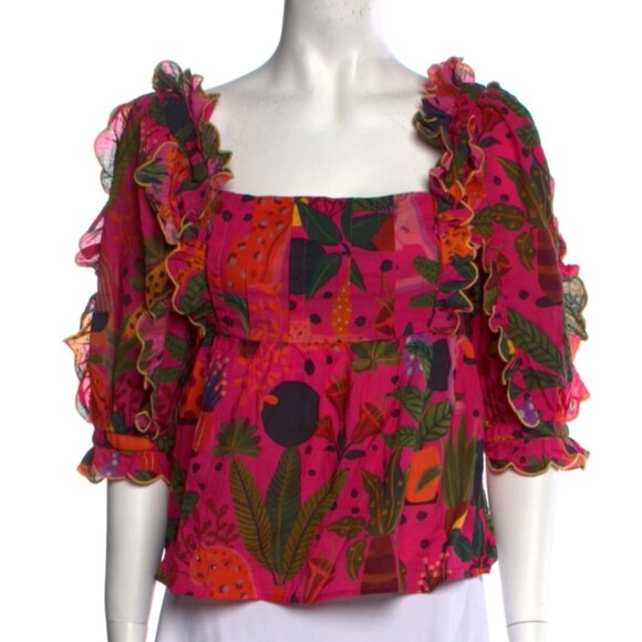 NWOT Farm Rio Pop Leopards Short Puff Sleeves Ruffles Pink Blouse Size XS $160 - Picture 6 of 11